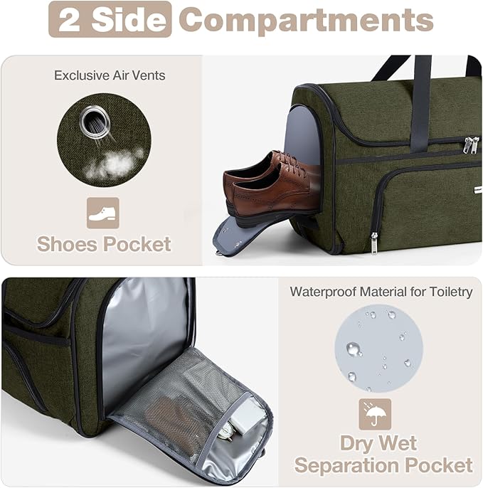 Garment Bags with Wheels, Garment Convertible Weekender Bags, Large Garment Bags for Travel, Duffle Luggage Bag Garment Bag (Army Green, Medium)
