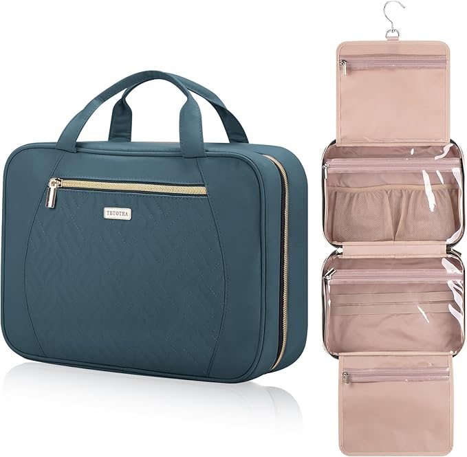 Hanging Toiletry Bag for Women Travel, 2 Sizes Large & Small Waterproof Cosmetic Organizer with 4 Compartments, Rotating Hook, Foldable Pink Travel Bag for Toiletries & Makeup, Large Lake Blue