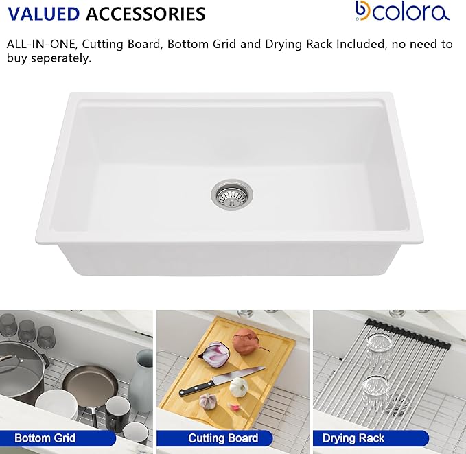 Dcolora 32-Inch Granite Composite White Kitchen Sink, Single Bowl Undermount Workstation Quartz Sink, 32"W x 19"D x 10"H #DC-GU7755