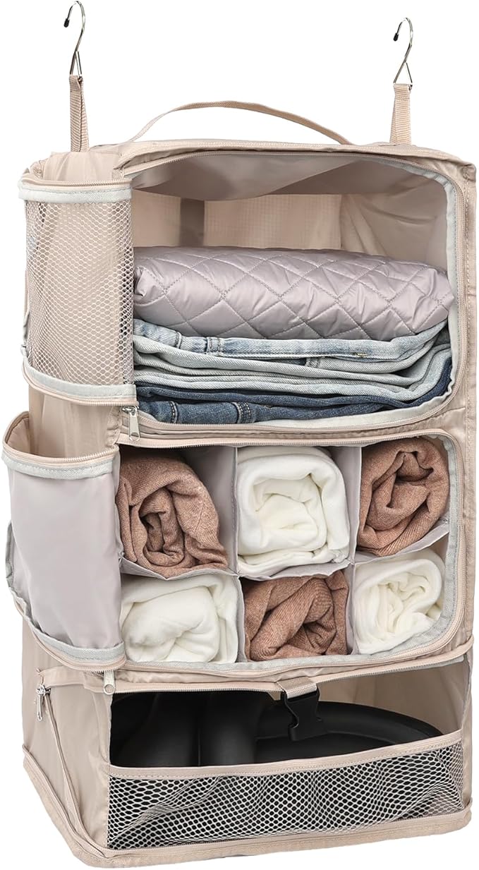 TABITORA Travel Portable Hanging Shelves Closet Organizer Packing Luggage Organizer and Storage with Multifunctional and Foldable Invisible Compartment,Lightweight, for Suitcase, RV,Closet…Beige,XL