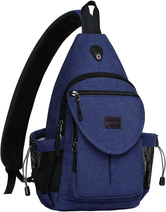 MOSISO Sling Backpack,Canvas Crossbody Hiking Daypack Bag with Anti-theft Pocket, Navy Blue