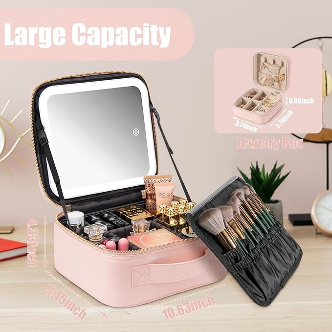 Makeup Travel Train Case with Mirror LED Light 3 Adjustable Brightness Cosmetic Bag Portable Storage Adjustable Partition Waterproof Makeup Brushes Makeup Jewelry Gift for Women (Pink checkered)