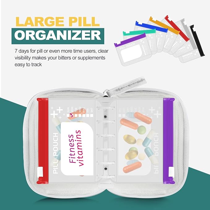 A7-L Water-Proof Pill Pouch Set， Large Pill Organizer, BPA Free, A7-L Pill Loose-Leaf Storage with Color-Coded Medicine Pouches, Reusable Travel Medicine Organizer， Zippered Pill Organizers Weekly