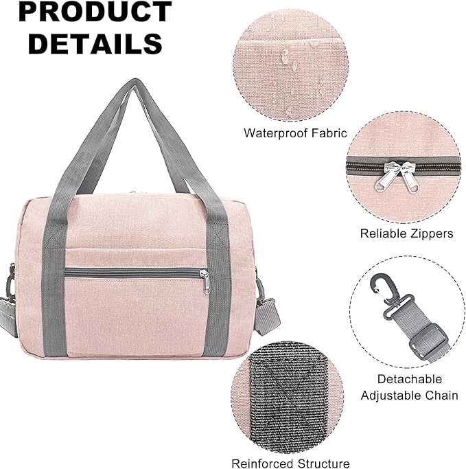 Foldable Carry on Luggage Bag 22x14x9 Personal Item Bag for Airplanes Travel Duffel Bags for Women and Men (40L, Pink)