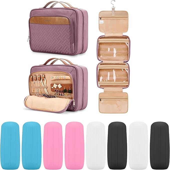Travel Hanging Toiletry Bag for Women, Large Makeup Bag 8 Leak Proofing Silicone Bottle Covers, Waterproof Cosmetic Bag with Jewelry Organizer Compartment, Toiletries Kit Set, Purple