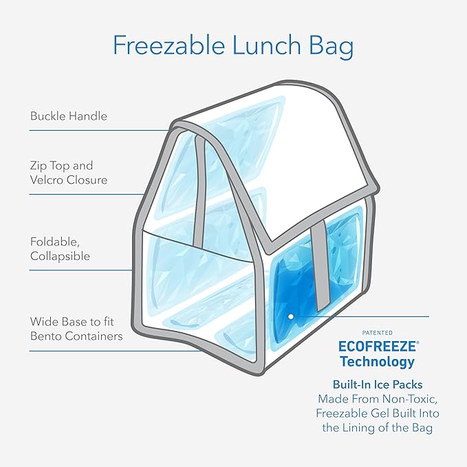 Packit® Freezable Lunch Bag, Sky Blue, Built with ECOFREEZE® Technology, Foldable, Reusable, Zip and Velcro Closure with Buckle Handle, Designed for Work Lunches and Fresh Lunch On the Go