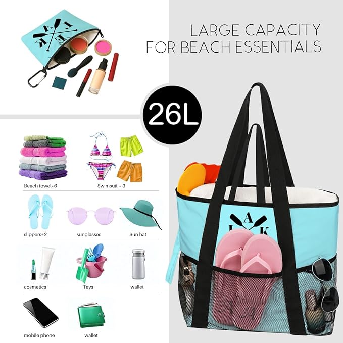 Sandproof Beach Bag with Zipper - 8-Pocket Waterproof Tote for Women & Family | Foldable Travel Swim Bag (Gift-Ready)