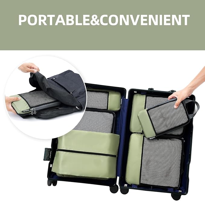 BAGAIL 4 Set/6 Set/8 Set Compression Packing Cubes Travel Accessories Expandable Packing Organizers (Half Mesh, 6-Matcha Green)