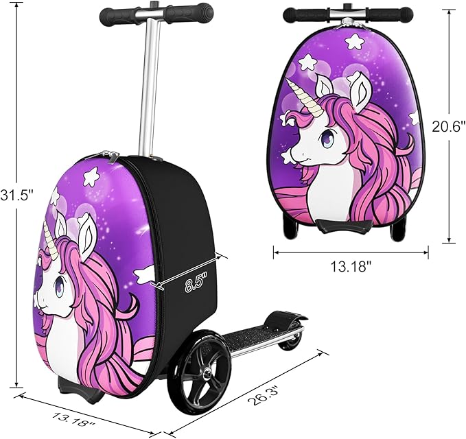2-in-1 Ride-On Scooter Suitcase, Scooter Luggage for Kids Ages 5-12, Foldable & Lightweight Carry with LED Light-Up Wheels