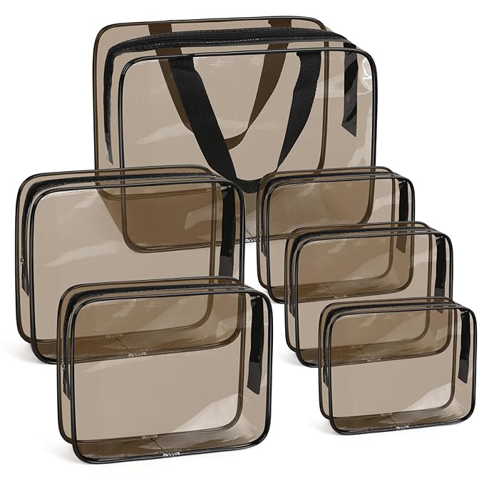 APREUTY Clear Makeup Bags, TSA Approved 6 Pcs Cosmetic Makeup Bags Set Clear PVC with Zipper Handle Portable Travel Luggage Pouch Airport Airline Vacation Organization (Black Brown)