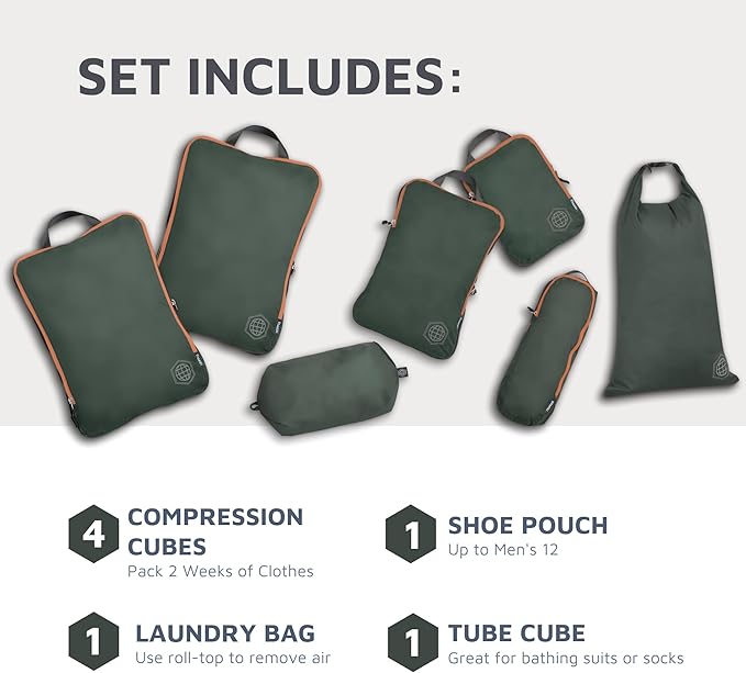 Large Compression Packing Cubes for Travel-Packing Cube Luggage Organizers 7 Piece Set for Checked Luggage-Ultralight, Expandable/Compression Bags by TRIPPED Travel Gear (Green and Brown)