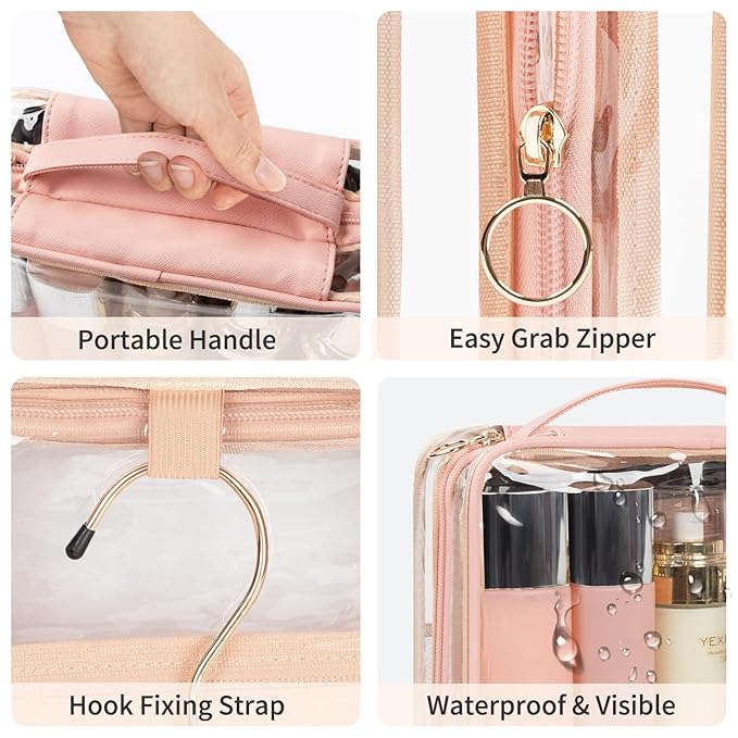 CUBETASTIC Hanging Travel Toiletry Bag for Women, Clear Makeup Bags Portable Transparent Cosmetic Case Small Skincare Pouch Waterproof Travel Bag for Toiletries
