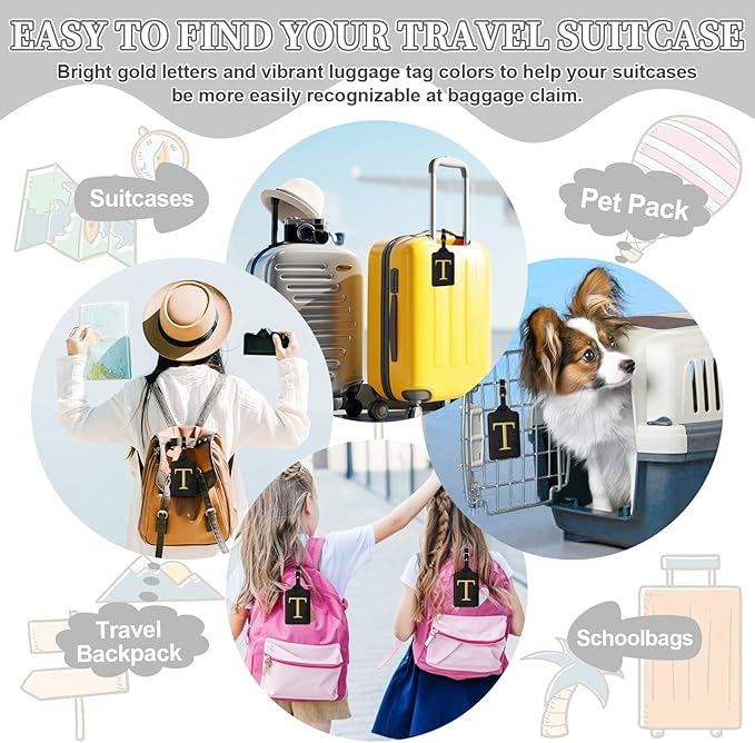 Personalized Initial Luggage Tags for Suitcase TSA Approved, Black Leather Cute Luggage Tag with Privacy Cover Name Card, Embroidered Custom Luggage Tags Travel Backpack Tags Gifts for Women Kids(T)