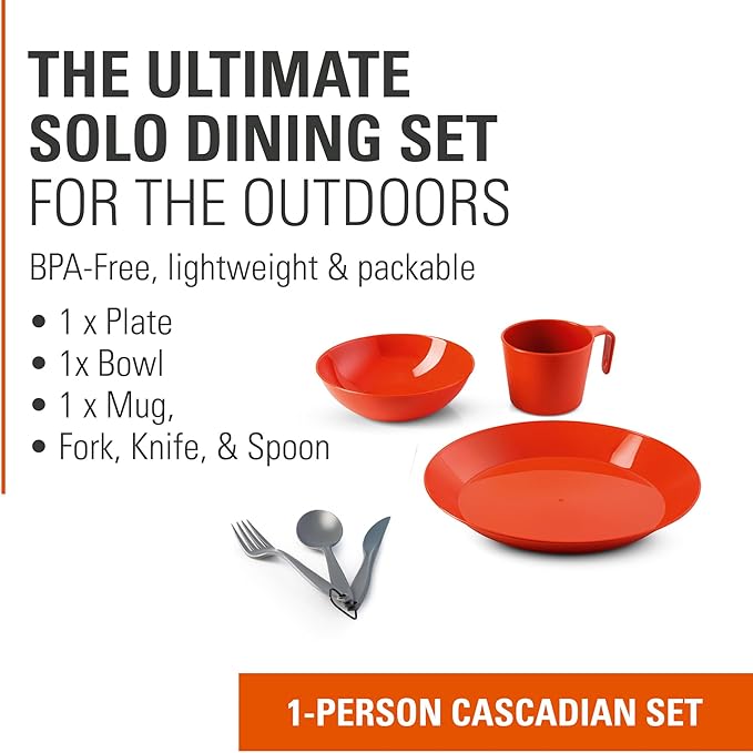 GSI Outdoors Cascadian 1 Person Table Set I 6-Piece Camping, Backpacking Mess Kit, Plastic BPA Free, Plate, Bowl, Mug, Cup & Cutlery Set
