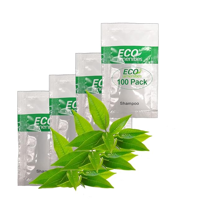 ECO amenities Hotel Mini Shampoo Sachets for Guests - Refreshing Green Tea Scented Toiletries for AirBnB & Rentals - 0.35 fl oz (10ml), 100 Pack
