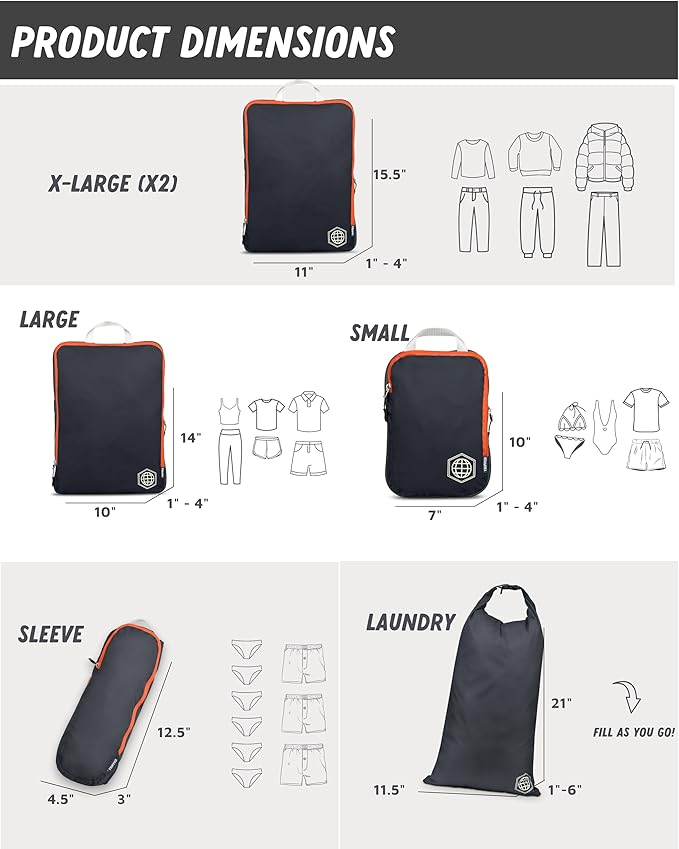 Large Compression Packing Cubes for Travel-Packing Cube Luggage Organizers 7 Piece Set for Checked Luggage-Ultralight, Expandable/Compression Bags by TRIPPED Travel Gear (Grey/Orange)