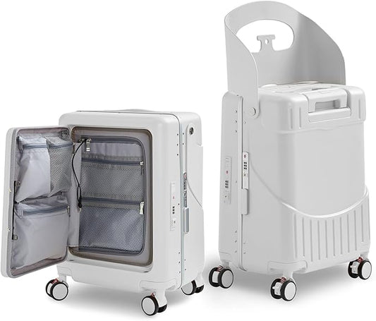TABU 20" Ride-on Luggage with Seat，Front Opening Carry-On Hardshell Ride On Suitcase with Built-in Charging Port, 360° Lockable Spinner and TSA Lock, for Kids & Adults, White