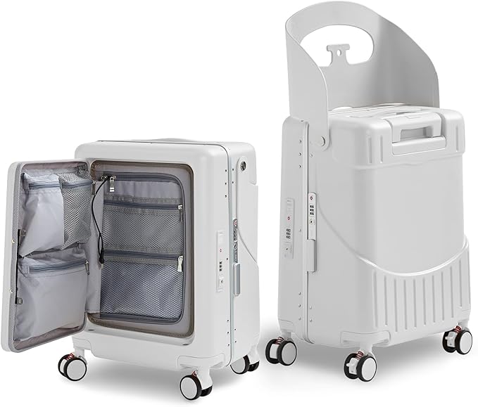 20 Inch Ride on Luggage With Seat For Kids&Adults,with Front Pocket, Foldable Seat Back TSA Approved Lock, 360° Spinner Wheels (20 inch,White)