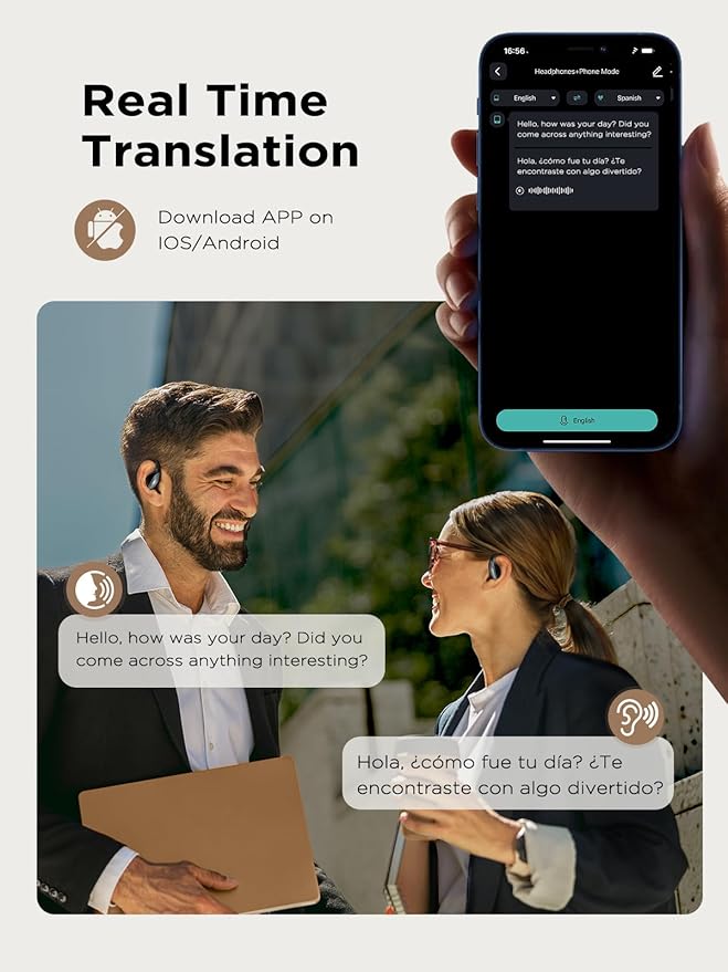 PSIER True Translation Earbuds Real Time Bluetooth 5.4 Open Ear Headphones, 134 Language Translator Earbuds with Mic Clear Call, Audifonos Traductores Inglés Español for Travel Meeting Learning, Black