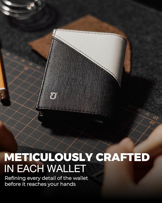 Jenoss Smart Wallet For Men: Full Grain Leather, Handcrafted, Slide Metal Pop Up Case, Slim RFID Blocking Credit Card Holder, Minimalist, Compact 12 Cards Slot Organizers, ID, Money Clip (Black&Cream)