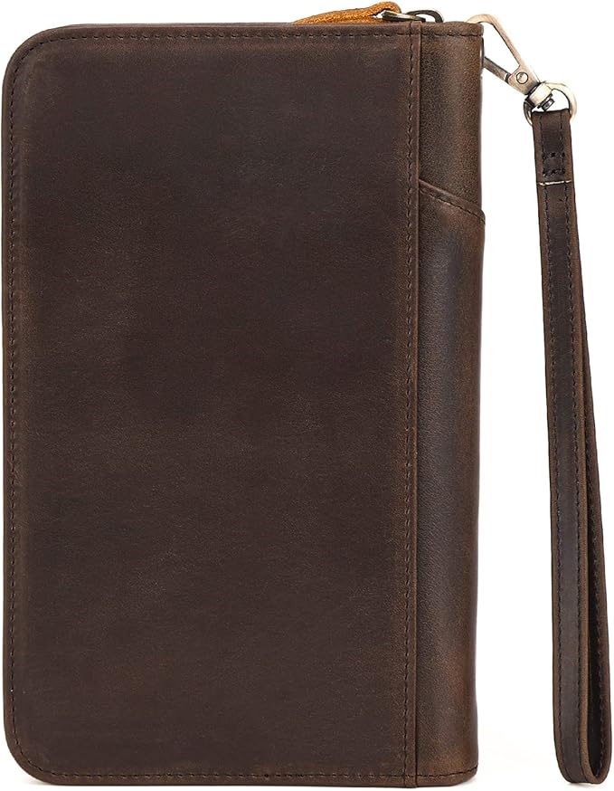 Polare Full Grain Leather Passport Holder With YKK Zipper RFID Blocking Travel Document Organizer Ticket Holder Cover Case Holds 2 Passports (Dark Brown)