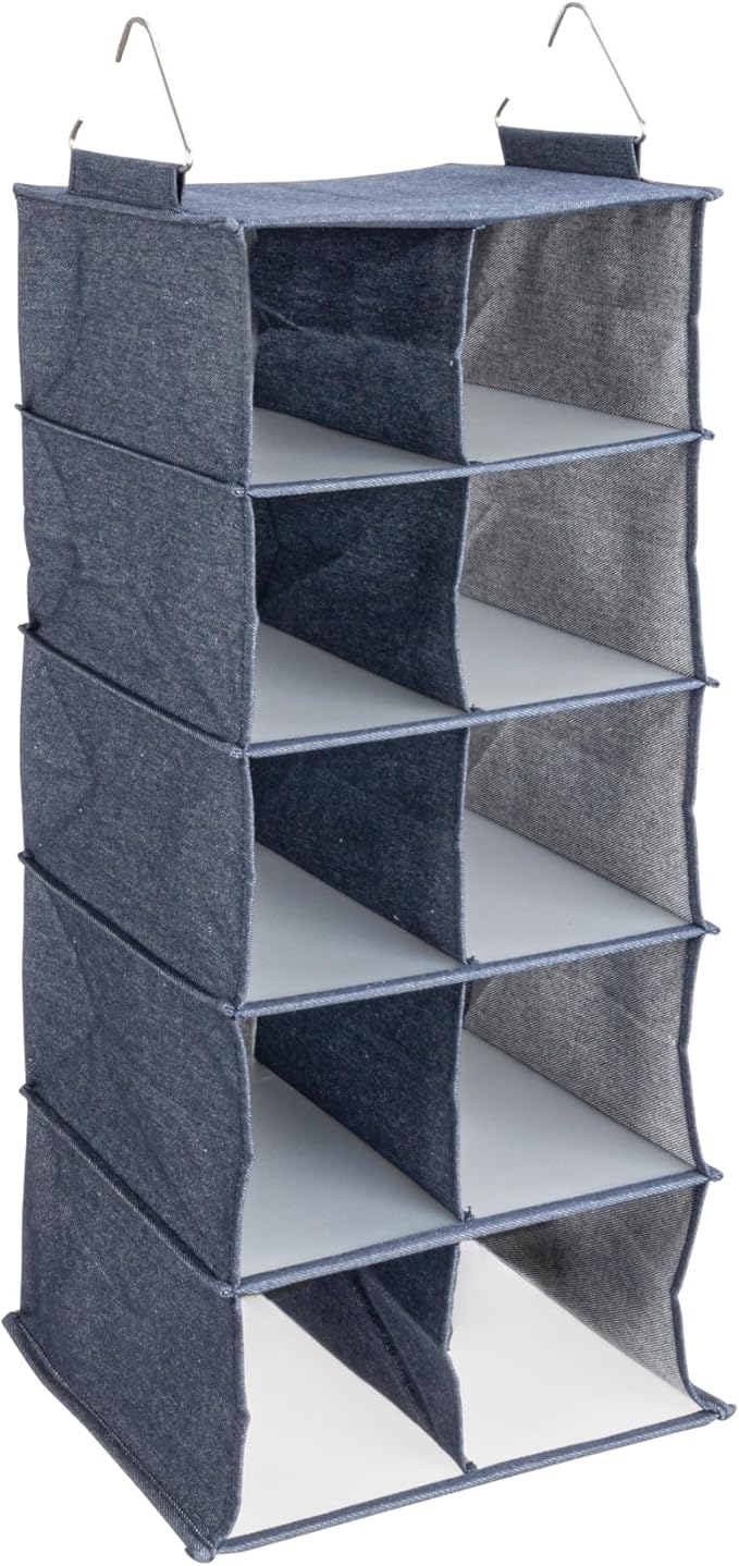 Household Essentials Hanging Cotton Blend and Plastic Closet Shoe Organizer with 10 Storage Compartments, Denim