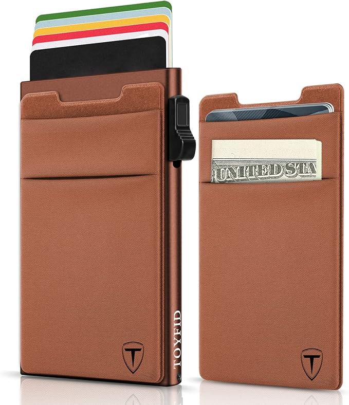 Slim Wallet for Men and Women,Pop Up Credit Card Wallet Metal Minimalist Cards Holder with Money Pocket,Small Ultralight Aluminum RFID Blocking Wallets 6-12 Card Capacity,Brown