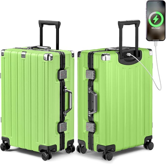 Krute Checked Aluminum Frame Suitcase 24 Inch Zipperless Luggages Hardside PC Luggage With Spinner Wheels TSA Lock USB Charger Suitcases(1 Piece)