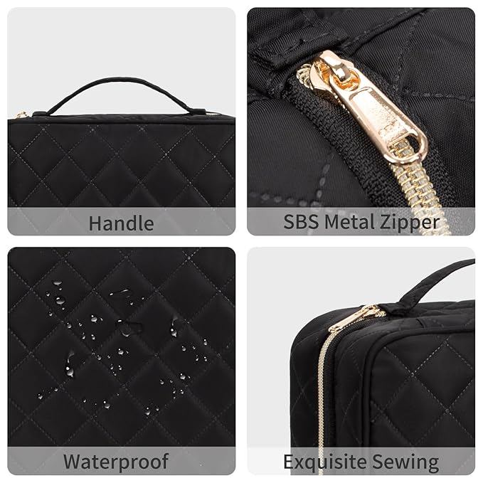 CUBETASTIC Hanging Travel Toiletry Bag, Portable Makeup Organizer for Women Men, 3 Compartment Cute Cosmetic Case Water-resistant Small Travel Bag for Toiletries, Black