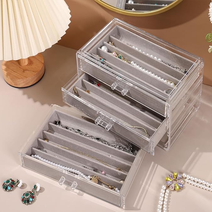 Necklace Organizer Box, Tray with Clear Lid, Dustproof Velvet Necklaces Holder Storage Display Case, Necklace Tray Drawer Insert for Pendant Suitable for Women and Girls (Grey)