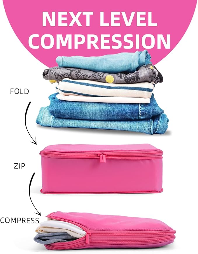 6 Set Compression Packing Cubes for Travel, Large Medium Small Luggage Organizers, Storage Bags for Clothes (6 Pack, Rose Red)