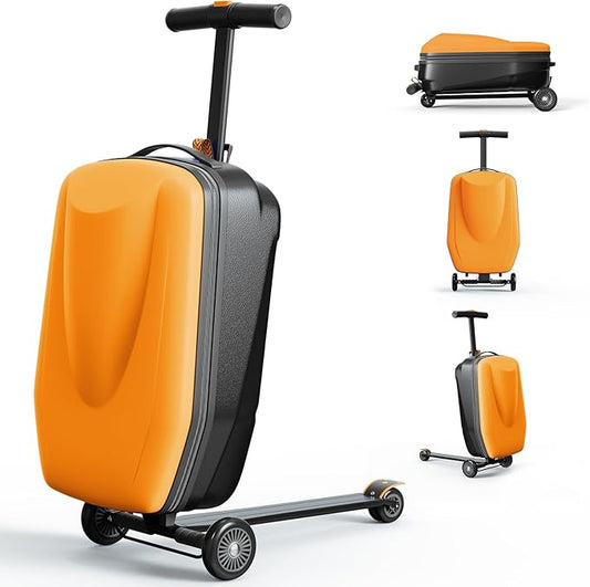 Scooter Hardshell Kids' Luggage, Foldable Carry on Kids Suitcase with Telescopic Handle for Travel, Multifunctional Ride On Lightweight Luggage with Wheels, Vitality Orange