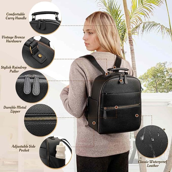 Small Camera Backpack, Classic PU Leather with 11 Inch Pad/Tablet Compartment, Professional Camera Bag for Photographers for DSLR, 10L Black