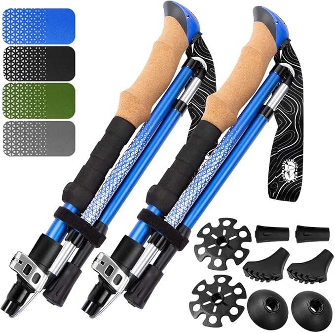 Premium Foldable Hiking Poles by USA Brand - Adjustable, Lightweight Trekking Poles Made of Aircraft Aluminum, Metal Flip Locks & Comfortable Real Cork and EVA Foam Grips