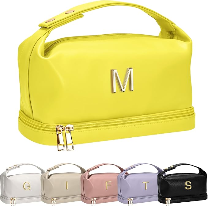College Gifts for Women, Personalized Makeup Bag with Handle, Initial Double Layer Cosmetic Bag with Makeup Brush Organizer, Cute Cosmetic Pouch for Women, Gifts for Friends Female Mom