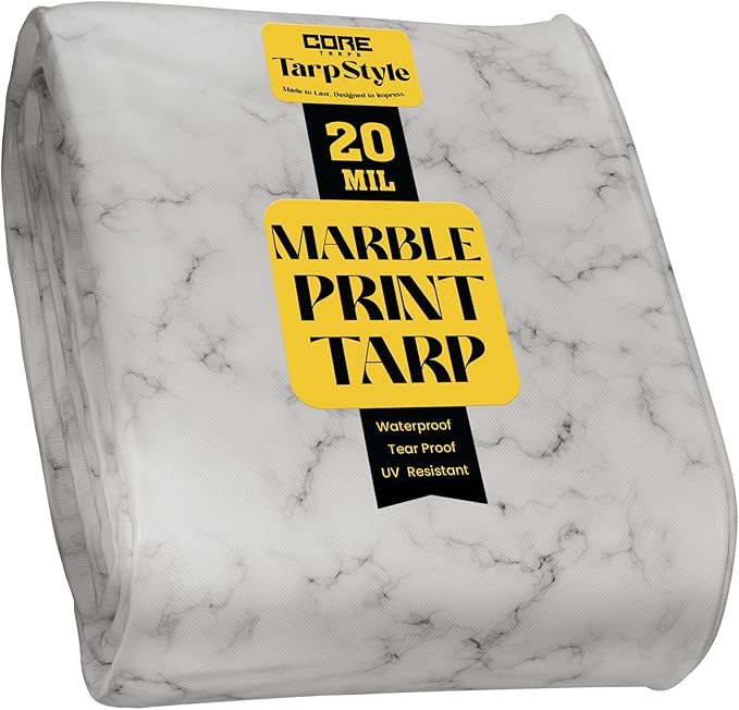 Core Tarps Extreme Heavy Duty 20 Mil Tarp Cover, Waterproof, UV Resistant, Rip and Tear Proof, Poly Tarpaulin with Reinforced Edges for Roof, Camping, Patio, Pool, Boat (Marble/White 50′ X 50′)