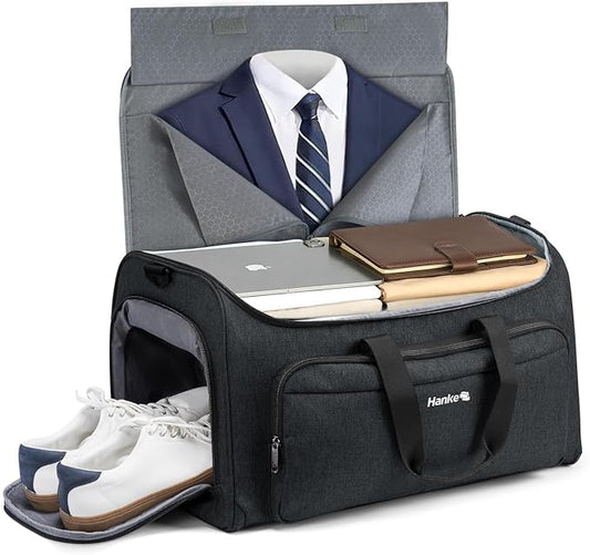Hanke Carry on Garment Bags for Travel,Convertible Duffle Bag Luggage Bag Weekend Bag with Shoe Compartment,2 in 1 Hanging Suitcase Suit Bag for Men Women,Black