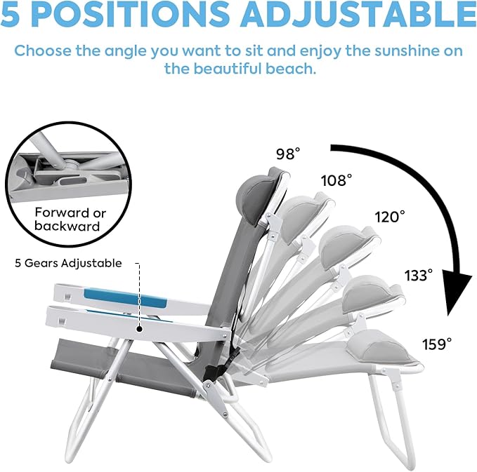 ICECO Backpacking Beach Chairs for Adults, 5 Positions Reclining Chair, Heavy Duty Folding Chairs, Portable Lay Flat Outdoor Chair with Cup Holder for Beach, Camping, Lawn, 350lb Capacity