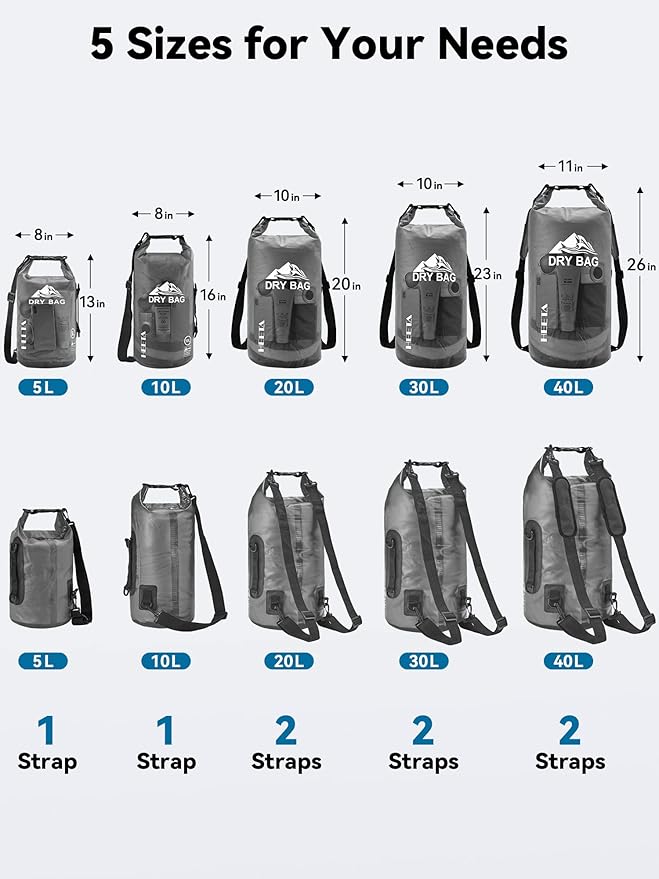 HEETA Dry Bag Waterproof for Women Men, 5L/10L/20L/30L/40L Roll Top Lightweight Dry Storage Bag Backpack with Phone Case for Travel Swimming Boating Kayaking Paddle Board Camping Beach Accessories