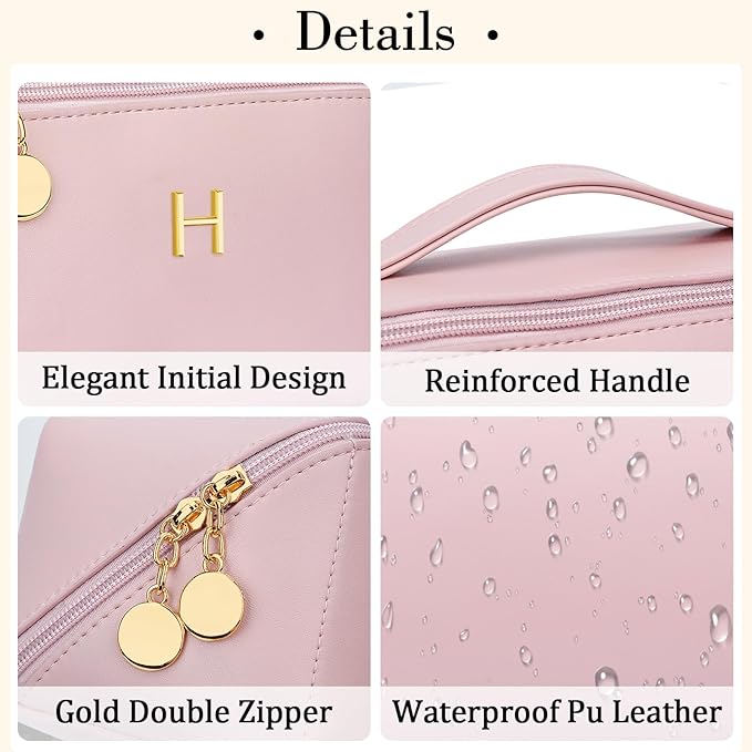 Birthday Gifts for Women Teen Girl, Personalized Initial Makeup Organizer Bag Set, Open Flat Travel Cosmetic Bag With Clear Divider and Handle(Pink,H)