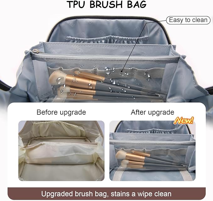 Travel Makeup Bag Organizer Cosmetic Bag: 3 Pcs Set Make up Bags for Women with Handle - Waterproof Vegan Leather Toiletry Bags with Comparments (C-09-Coffee)