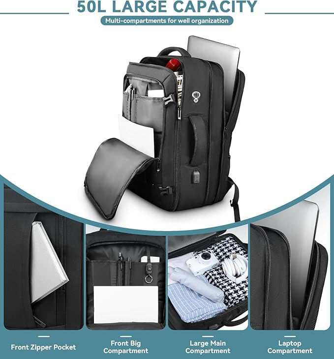 Travel Backpack, 50L Expandable Extra Large Laptop Backpack, Carry On Backpack Water Resistant Business Suitcase Daypack Bag Fits 17 Inch Laptops, Travel Gifts for Men Women, Black