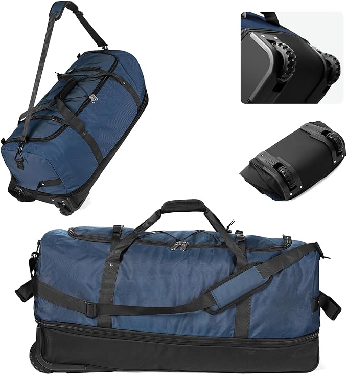 CONTAIL 32" Soft-Sided Rolling Duffle Bag with 2 Wheels,Expandable from 110L to 140L, Foldable Travel Duffel with Multiple Compartments,Navy