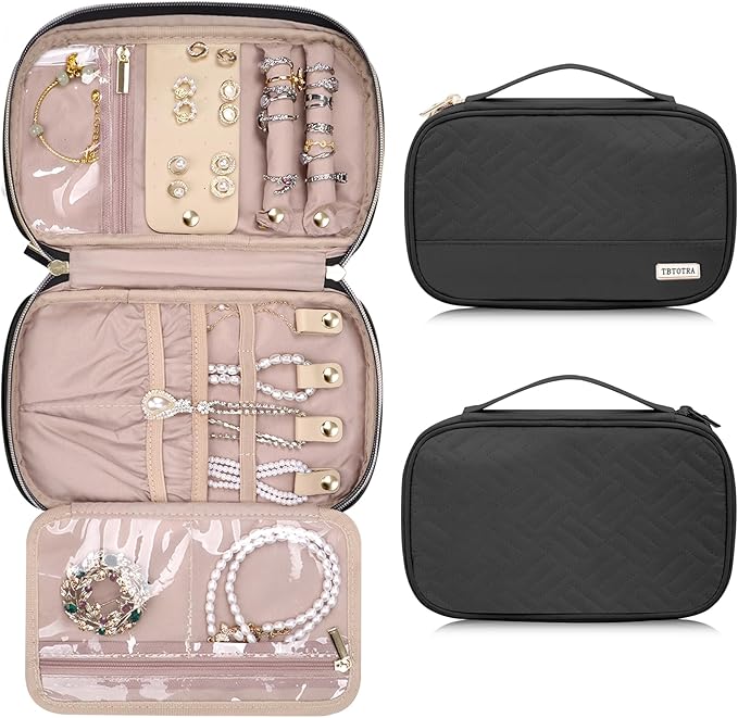 Jewelry Travel Case Organizer for Necklaces, Earrings, Rings, Bracelet, Watch, Soft Sided, Black