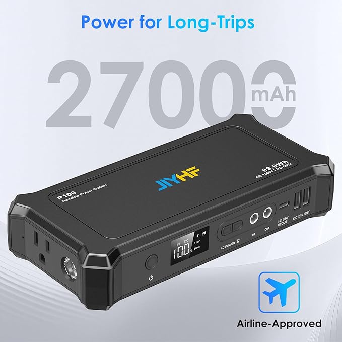 JIYHF Portable Power Bank with AC Outlet - 99.9Wh Laptop Charger & Backup Power, 100W AC + 65W USB-C PD Fast Charging for Travel, Home & Outdoor, Emergency Use(FAA Compliant)