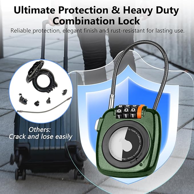 Compatible with Apple AirTag Secure Lock with Wire Cable, 3-Digit Combination Luggage Locks, Alloy Body Ultra Durable Anti-Lost Protective Case for Luggage, Bags, Suitcase, and Backpacks (GREEN)