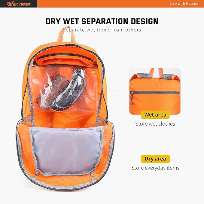 SKYSPER Lightweight Packable Backpack - 30L Hiking Daypack with Wet Pocket Foldable Travel Carry-on Backpack for Women Men