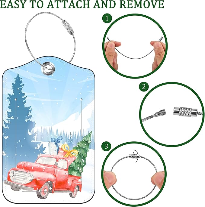 2 PCS Leather Luggage Tags for Suitcase Red Pickup Christmas Tree and Gifts Travel Luggage Tag with Privacy Flap Name ID Label and Metal Loop for Travel Bag Suitcase