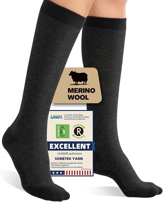 Merino Wool Compression Socks for Women Men, 15-20 mmHg Knee High Socks for Flying, Travel, Running