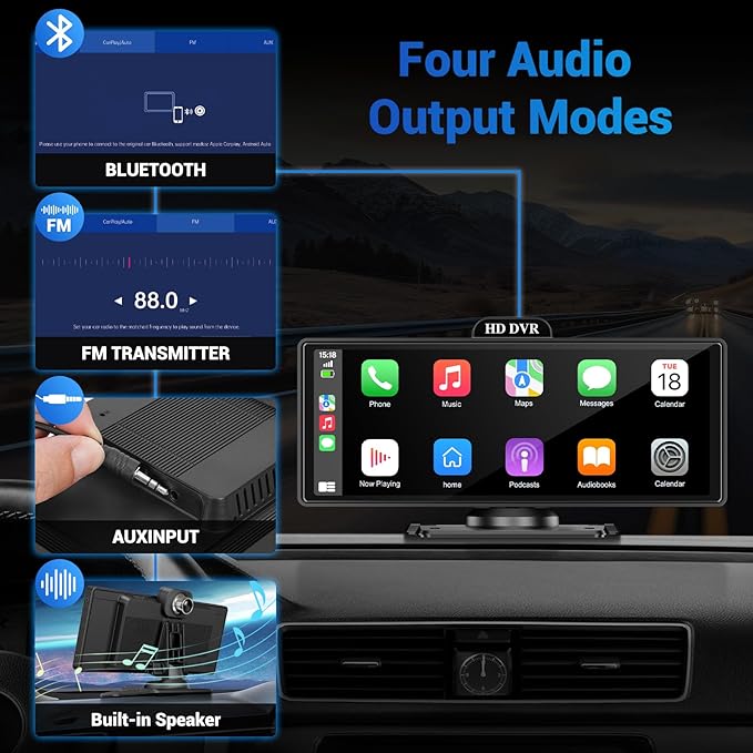 Wireless Apple Carplay Screen for Car 4K Dash Cam, 10.26" HD Touchscreen with Portable Apple Carplay & Android Auto Car Stereo, 1080p Backup Camera